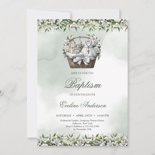 Invitación Cesta acuarela con Baptism suministra lirio blanco (Anverso)