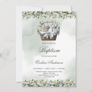 Invitación Cesta acuarela con Baptism suministra lirio blanco