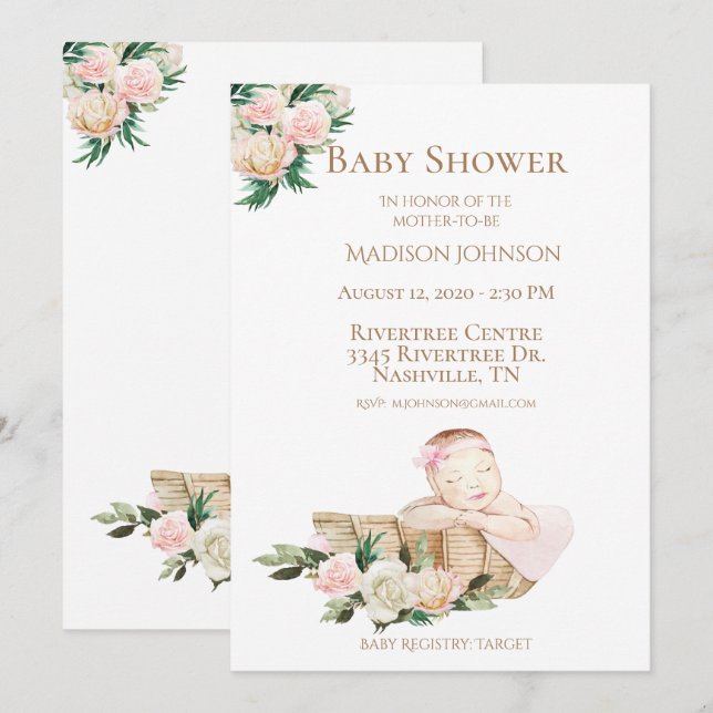 Invitación Cesta de bebé recién nacido Baby Shower rosa flora (Anverso / Reverso)