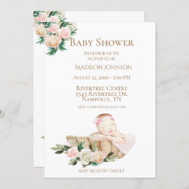 Invitación Cesta de bebé recién nacido Baby Shower rosa flora