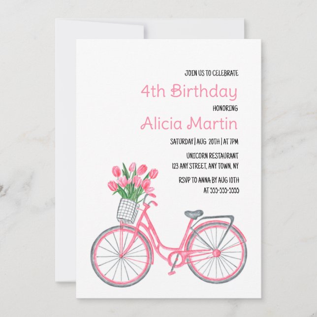 Invitación Cesta de bicicleta rosa Tulip Flower Cualquier cum (Anverso)