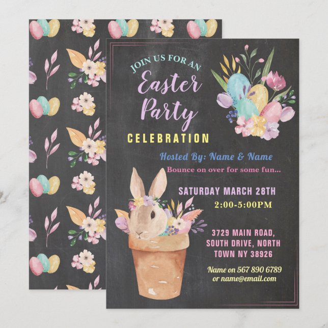 Invitación Cesta de cerdo rosado de Fiesta conejo de Pascua (Anverso / Reverso)