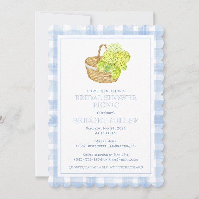 Invitación Cesta de flores de Gingham Hydrangea azul Scallopa (Anverso)