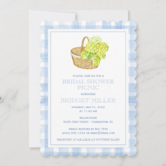 Invitación Cesta de flores de Gingham Hydrangea azul Scallopa