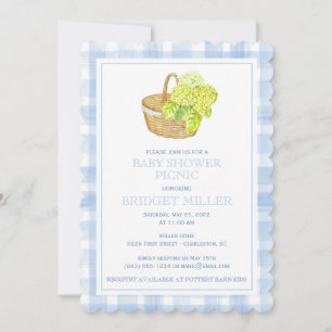 Invitación Cesta de flores de hortensias de gingham azul con 