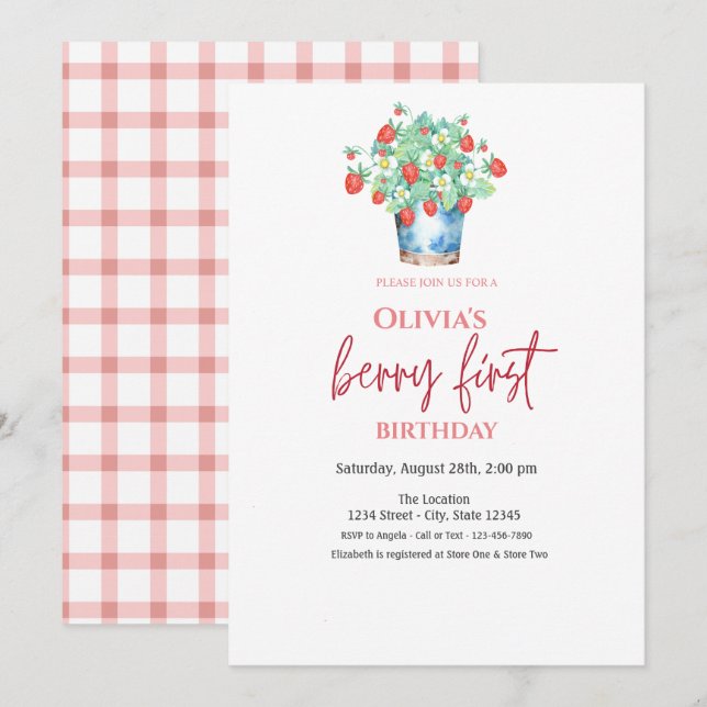 Invitación Cesta de Fresas con Acuarela a Cuadros Cumpleaños  (Anverso / Reverso)