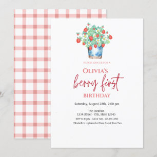 Invitación Cesta de Fresas con Acuarela a Cuadros Cumpleaños