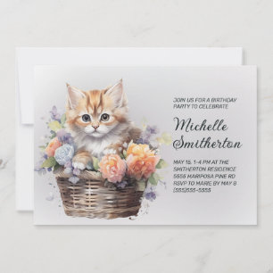 Invitación Cesta de gatito amarillo flama cumpleaños de mujer