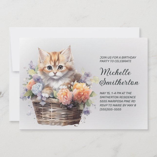 Invitación Cesta de gatito amarillo flama cumpleaños de mujer (Anverso)
