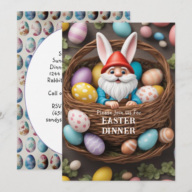 Invitación Cesta de Huevos de Pascua de Bunny Gnome (Anverso / Reverso)