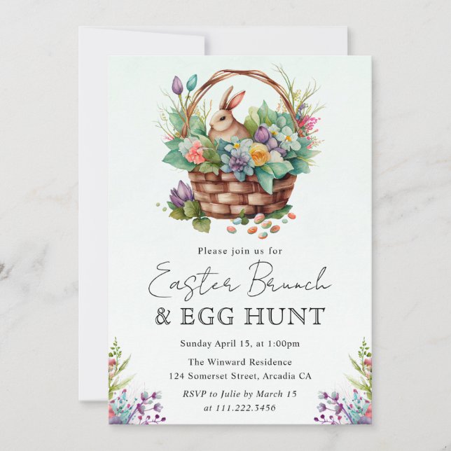 Invitación Cesta de Pascua y Conejo de Floral de Cuta Acuarel (Anverso)