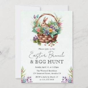Invitación Cesta de Pascua y conejo floral en acuarela adorab