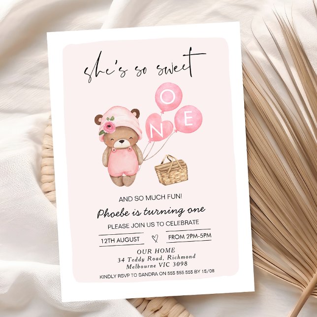 Invitación Cesta de Picnic Rosado y Oso de Teddy Primer Cumpl (Pink Teddy Bear 1st Birthday Invitation For baby Girl, She's So Sweet Bear Invite,Teddy Bear Picnic,)