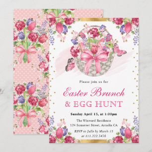 Invitación Cesta Floral Rosa y Mariposas Brunch de Pascua