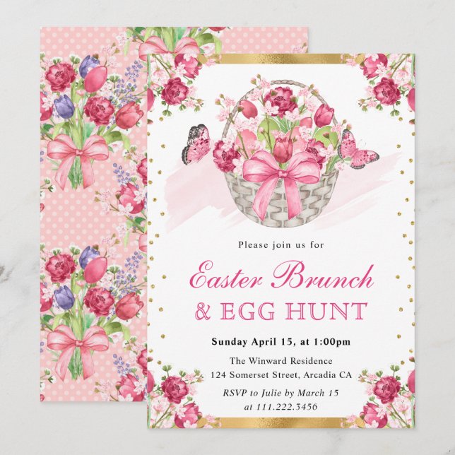 Invitación Cesta floral rosada y brunch de pascua (Anverso / Reverso)