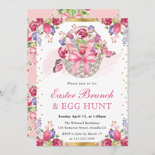 Invitación Cesta floral rosada y brunch de pascua (Anverso / Reverso)