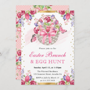 Invitación Cesta floral rosada y brunch de pascua