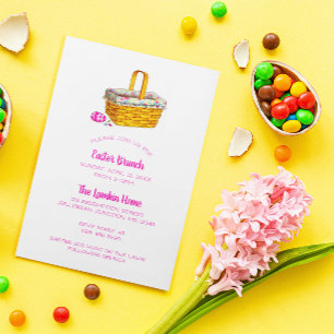 Invitación Cesta Ilustrada y Huevo Pascua Rosa Easter