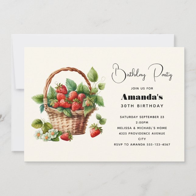 Invitación Cesta linda llena de fresas Cumpleaños (Anverso)