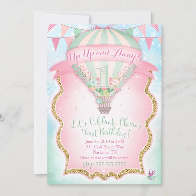 Invitación CG Balón de aire caliente Primer cumpleaños Claire (Anverso)