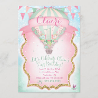 Invitación CG Balón de aire caliente Primer cumpleaños Claire