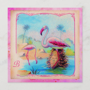 Invitación CG Vibrantes Flamingos Vintage Oro Rosado Metálico