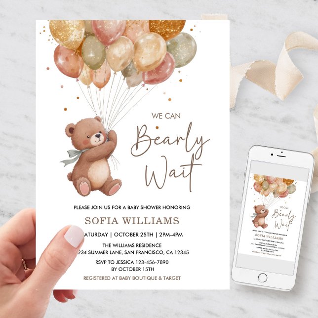 Invitación Chá de Bebé Neutro en Otoño Esperando con Ansias (We Can Bearly Wait Baby Shower Invitation)