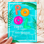Invitación Chalet tropical brillante fiesta neón flotadores S<br><div class="desc">Disfrute de un chapuzón con nuestras vibrantes y tropicales invitaciones dulces de 16 años! Prepárate para un fiesta que seguro será divertido e inolvidable. Con piscina escrita en flotadores en neón rosa, verde, ilustracion naranja Sweet 16 con un fondo de agua de piscina y hoja tropical, palmera y hoja de...</div>