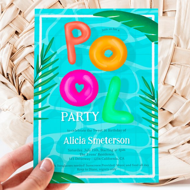 Invitación Chalet tropical brillante fiesta neón flotadores S (Bright Tropical pool party neon floaters Sweet 16 Invitation)