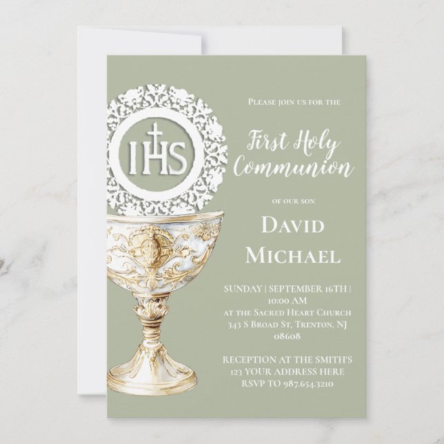 Invitación Chalice Host First Communion sage green background (Anverso)