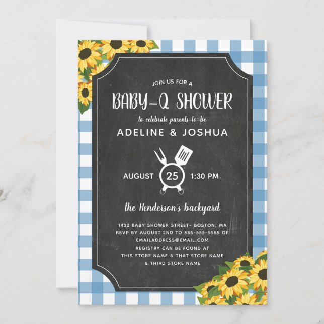 Invitación Chalk Blue Gingham Sunflower Boy Baby-Q Shower (Anverso)