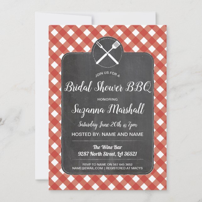Invitación Chalk de Bridal Shower BBQ invita a Red Gingham (Anverso)