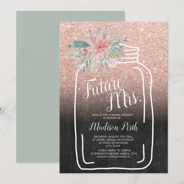 Invitación Chalk floral mason jar purpurina ducha de novia (Anverso / Reverso)