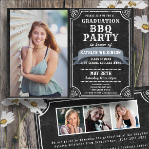 Invitación Chalkboard 4 Foto Fiesta simple de graduación BBQ