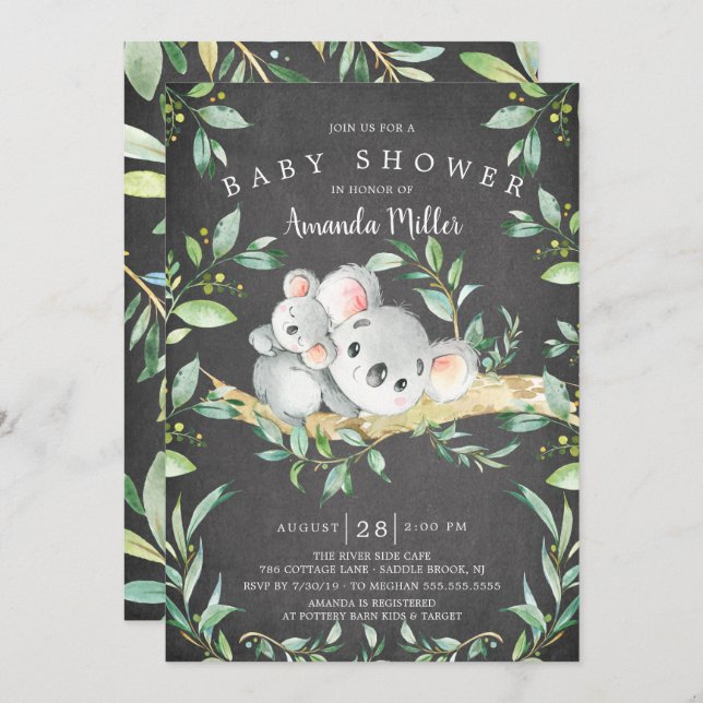 Invitación Chalkboard Adorable Koala Bear Baby Shower (Anverso / Reverso)