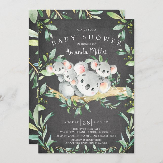 Invitación Chalkboard Adorable Koala Bear Triplet Baby Shower (Anverso / Reverso)