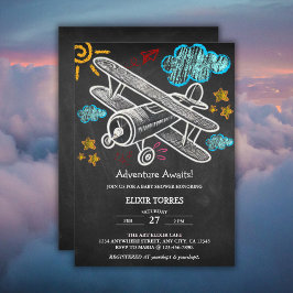 Invitación Chalkboard Adventure Await Airplane Baby Shower
