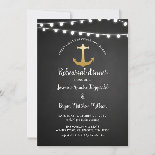 Invitación Chalkboard Anchor Faux Relieve metalizado dorado E (Anverso)