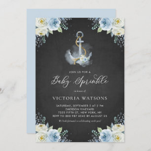 Invitación Chalkboard Anchor y Flores Azules Espolvorear el b