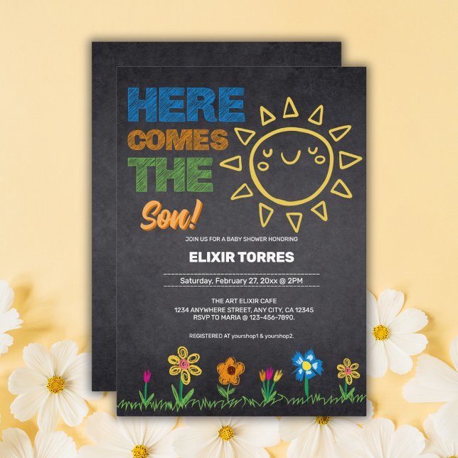 Invitación Chalkboard Aquí Viene El Baby Shower Del Hijo (Subido por el creador)