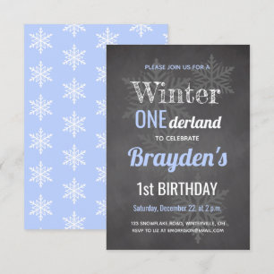 Invitación Chalkboard Azul Cumpleaños Onederland de Invierno