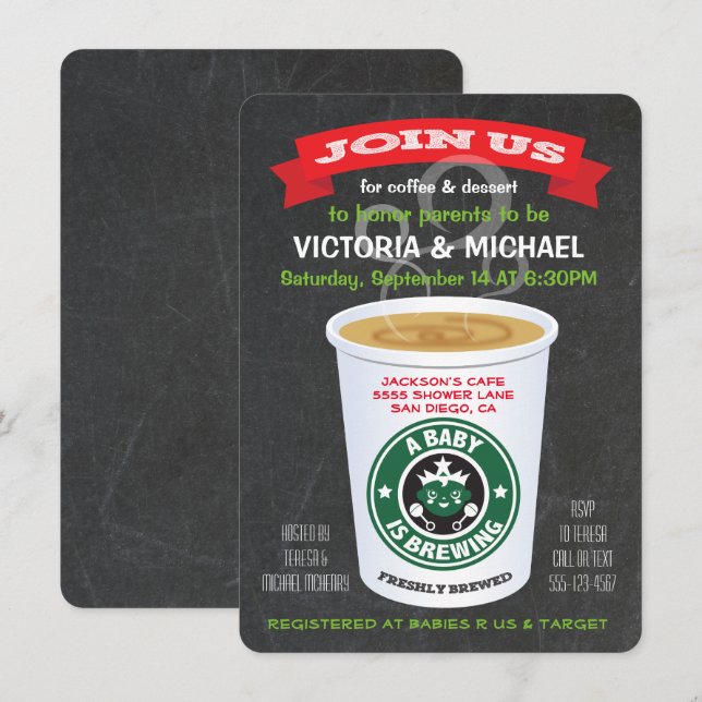 Invitación Chalkboard Baby está preparando café Baby Shower (Anverso / Reverso)