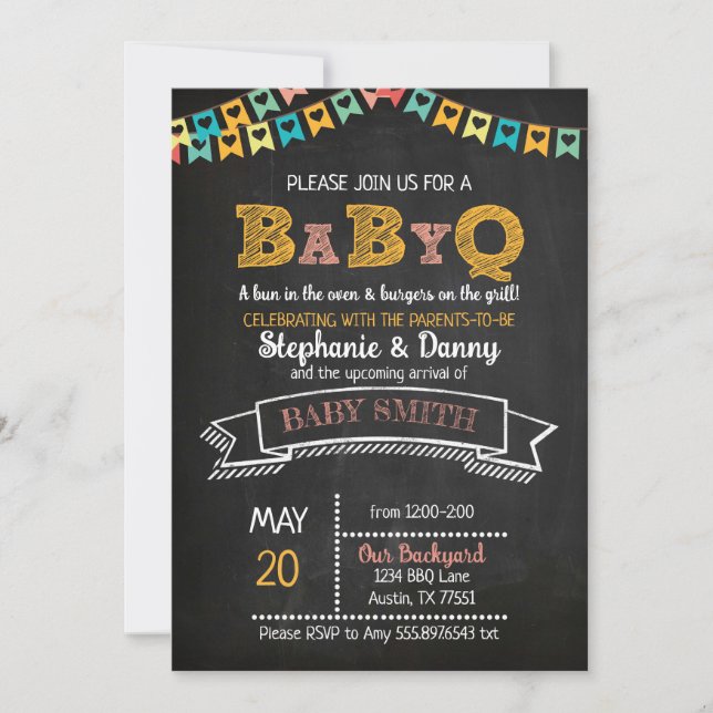 Invitación Chalkboard Baby-Q Sexo neutral de Baby Shower (Anverso)