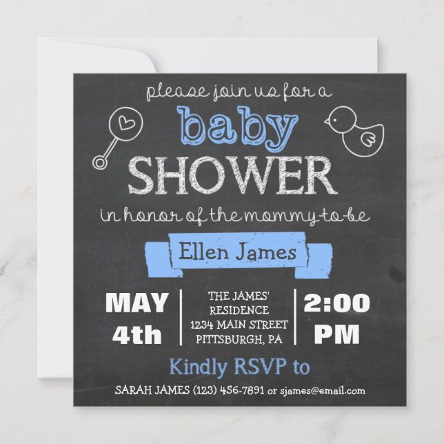 Invitación Chalkboard Baby Shower Boy Blue (Anverso)