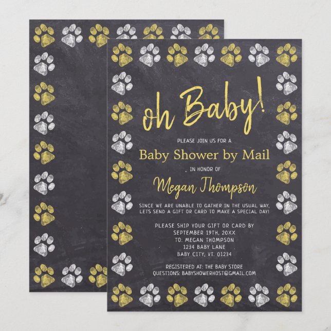 Invitación Chalkboard Baby Shower Gris Amarillo Por Correo (Anverso / Reverso)