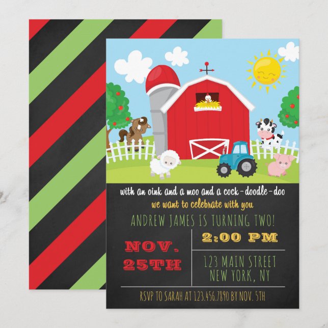 Invitación Chalkboard Barnyard Farm Animals Birthday Party (Anverso / Reverso)