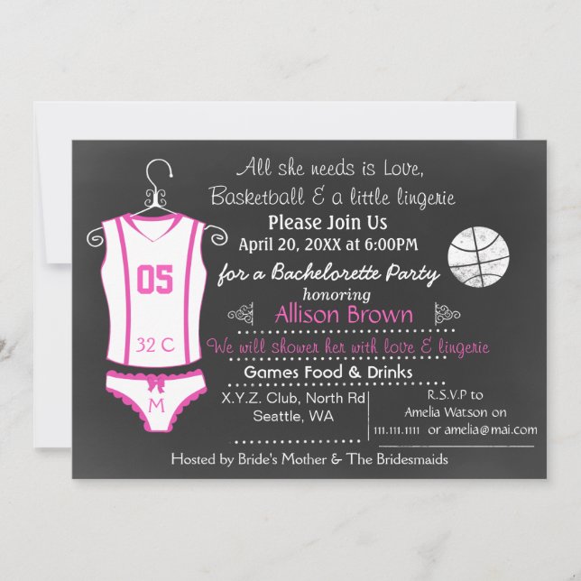 Invitación Chalkboard Basketball Lingerie Shower Bachelorette (Anverso)