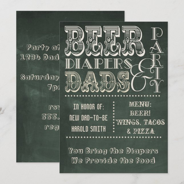 Invitación Chalkboard Beer Diapers y DADS Baby Shower (Anverso / Reverso)