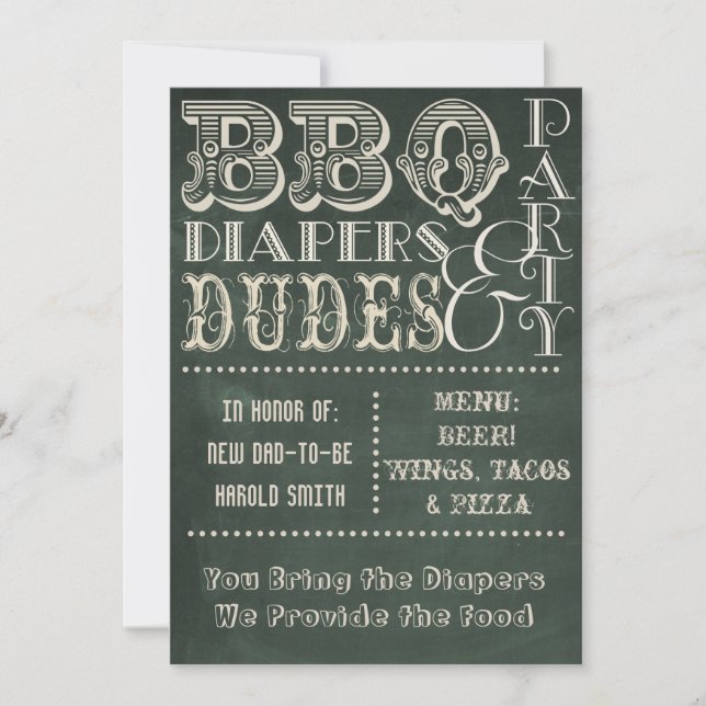 Invitación Chalkboard Beer Diapers y DUDES Baby Shower (Anverso)