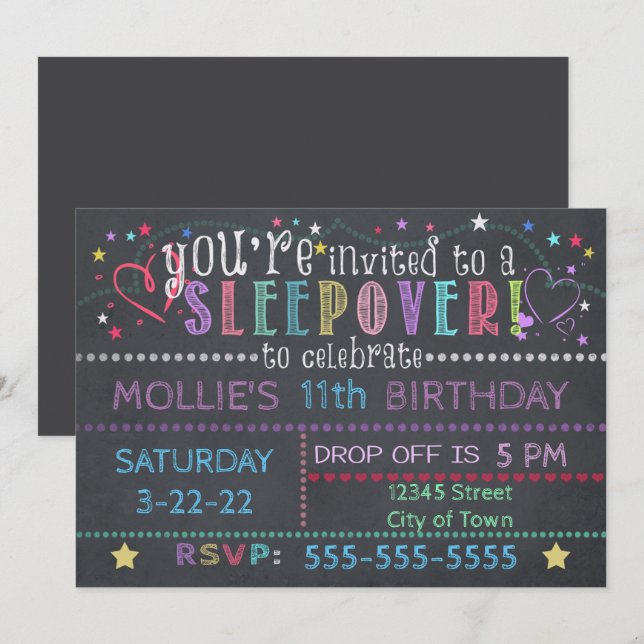 Invitación Chalkboard Birthday Sleepover (Anverso / Reverso)